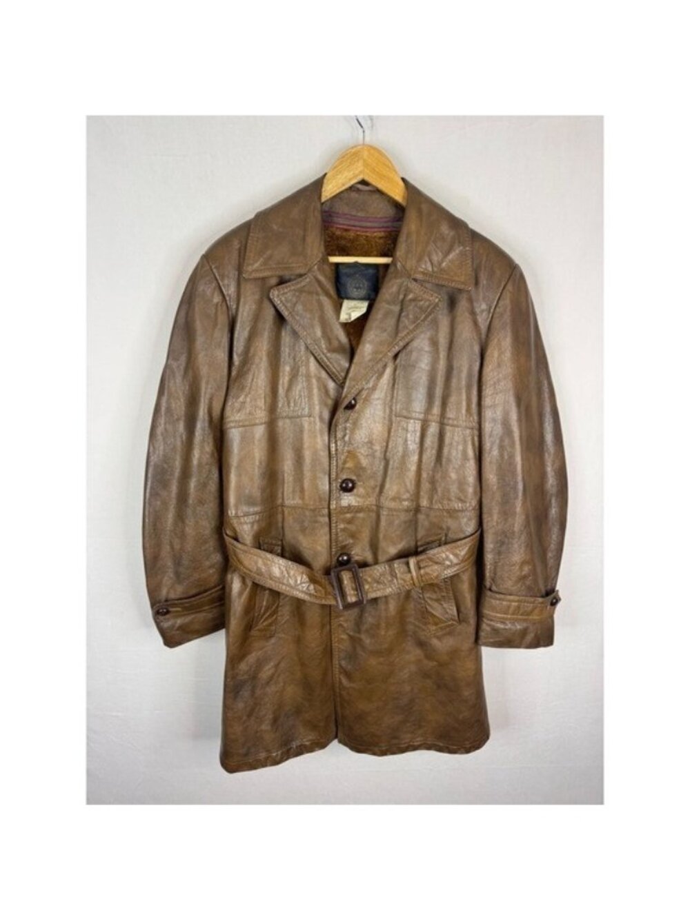 Olympic 70s Leather Vintage Brown Leather Trench Coat Belted LLined Mens 40